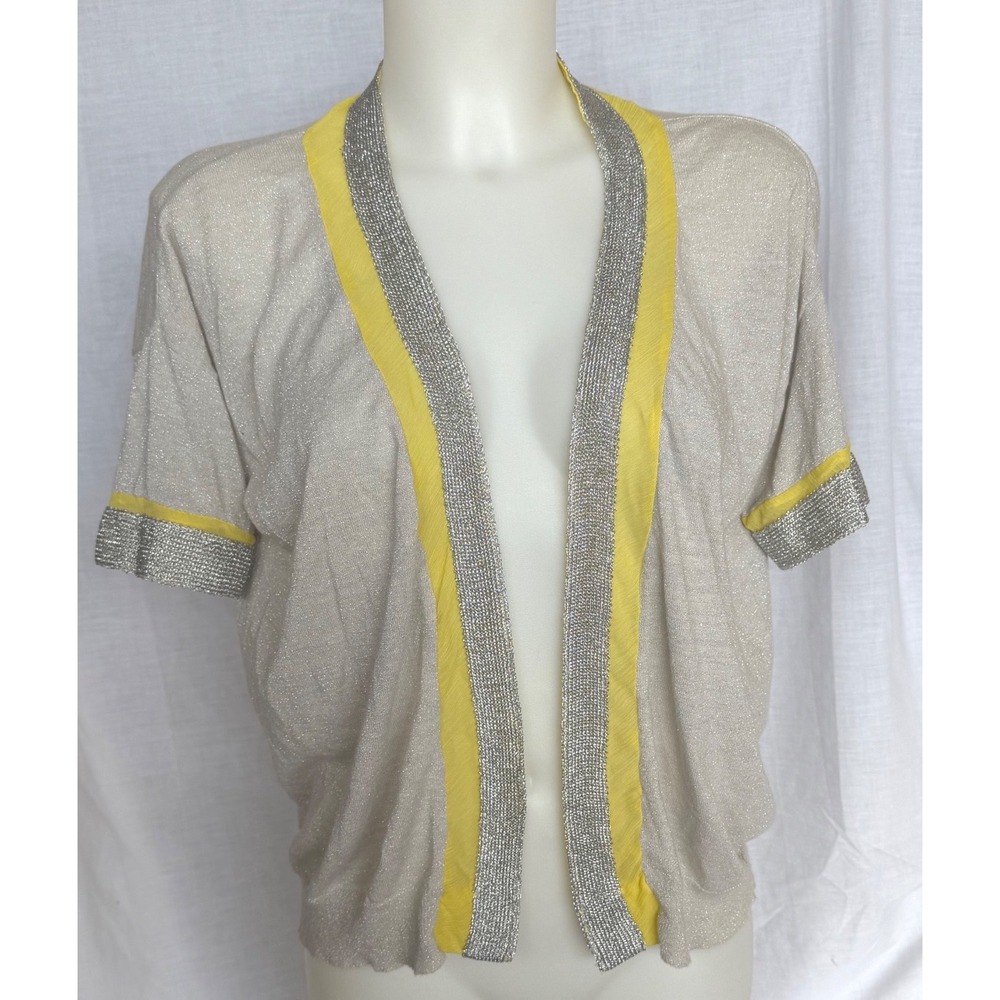 BKE‎ Boutique Cardigan Silver Yellow Metallic Lurex Open Front Womens Small